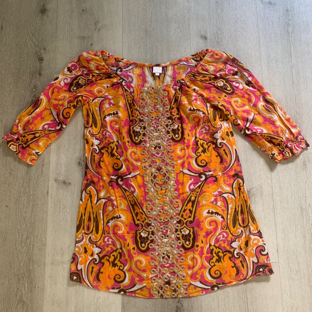 Milly Cabana Womens Pink‎ Orange Paisley Gold Trim Tunic Top Size S Boho Beach
